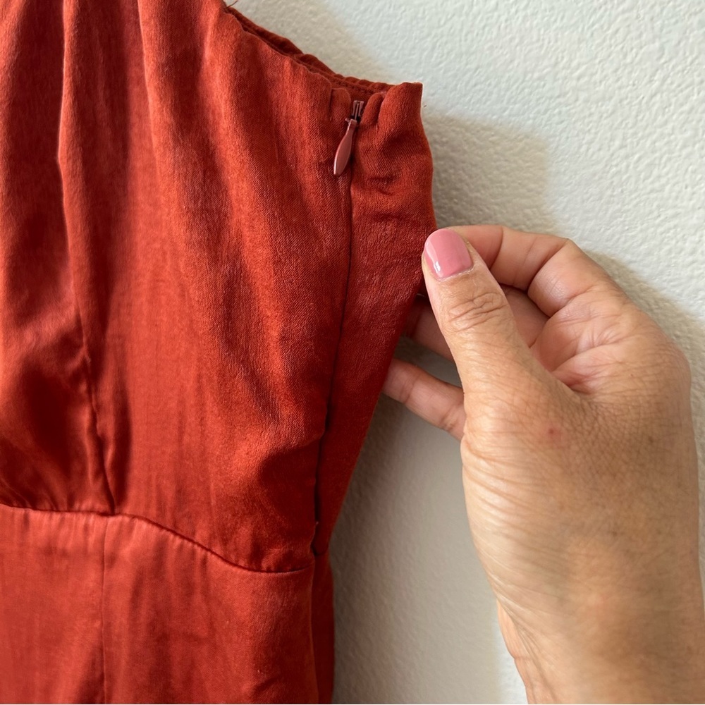 Lulu’s Maribel Midi Dress Satin Effect Open Back Size Large in Rust Orange NWT - Picture 9 of 13